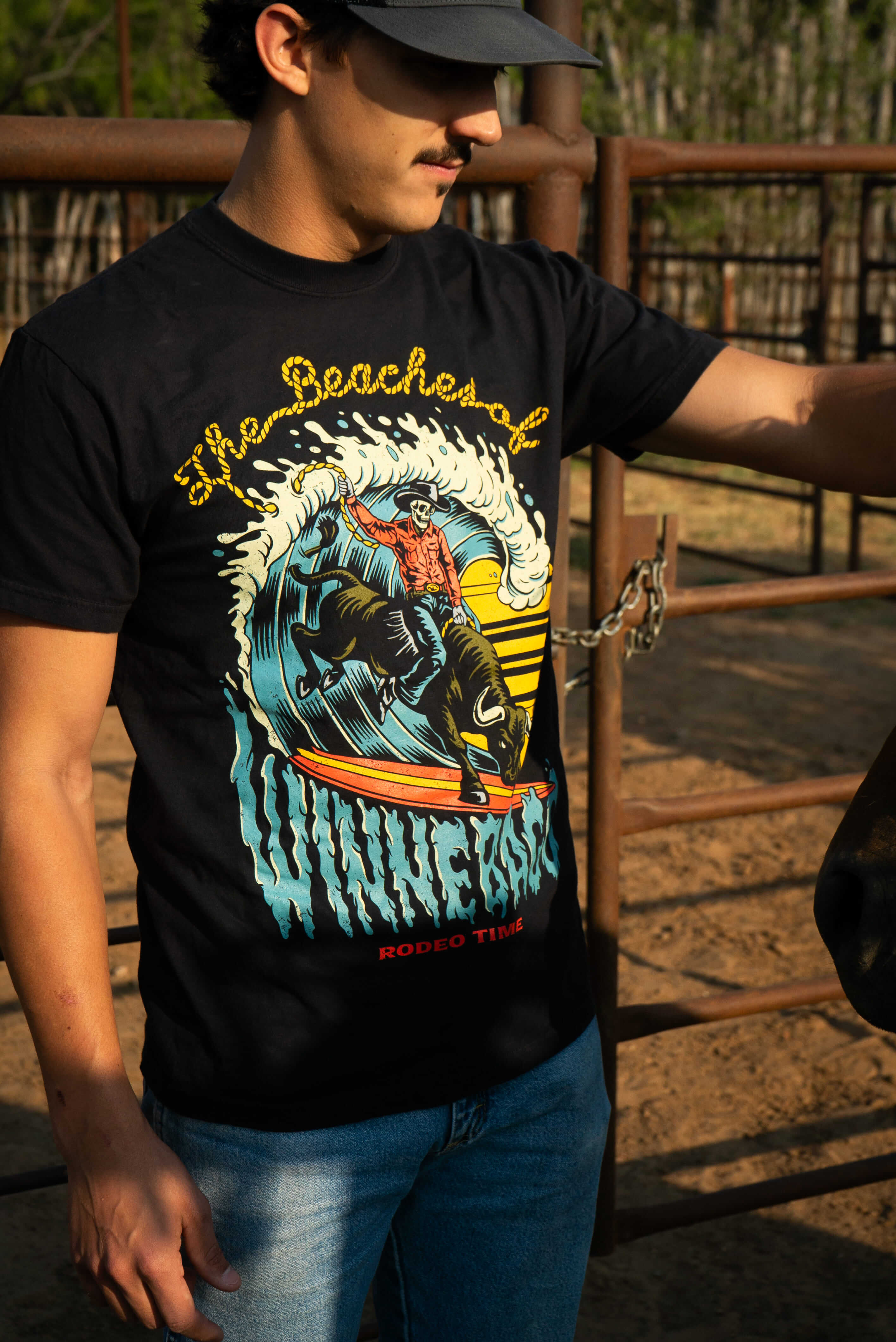 A man wearing the Rank Roller T