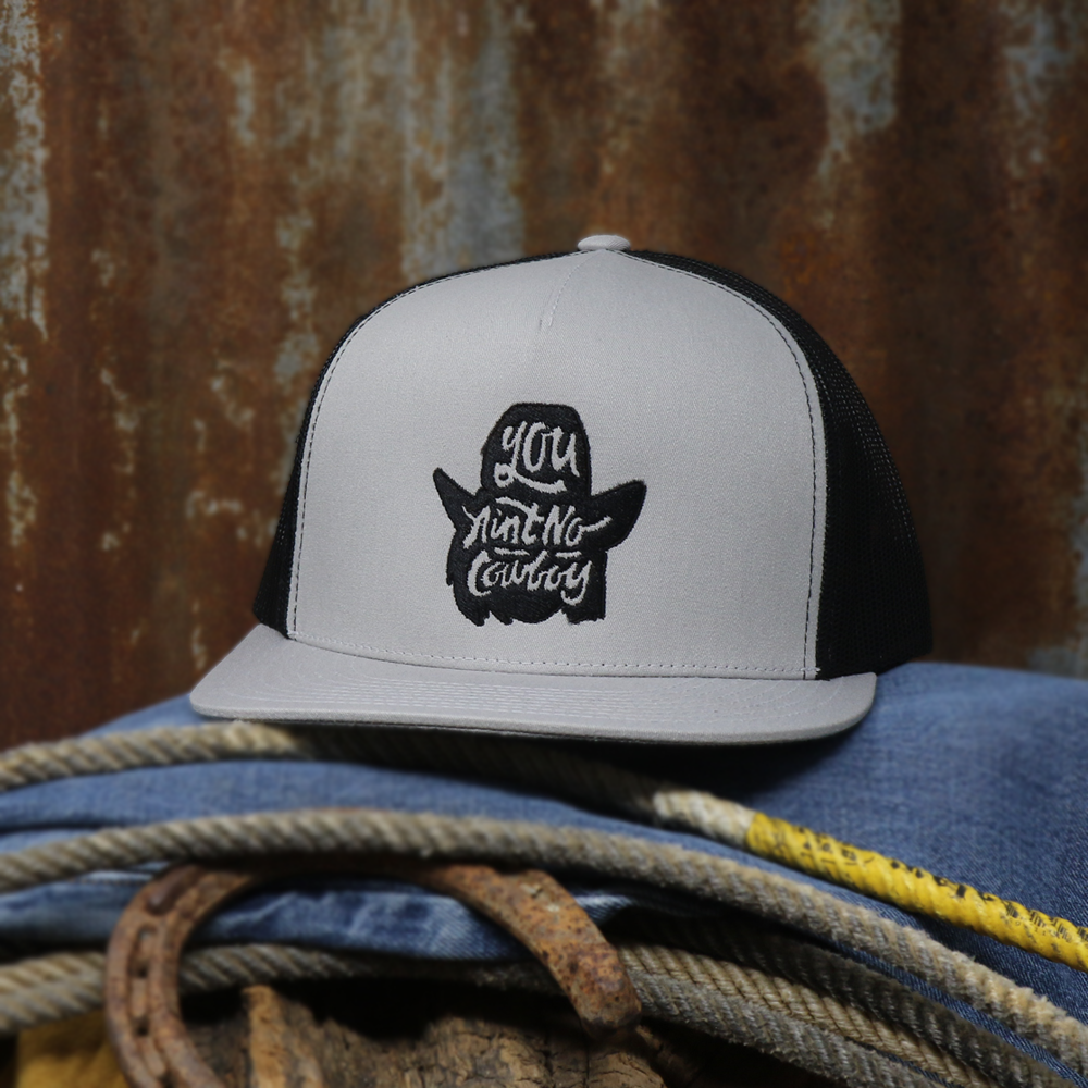 You Ain't No Cowboy Silhouette Silver and Black Mesh Flatbill