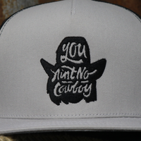 Thumbnail for You Ain't No Cowboy Silhouette Silver and Black Mesh Flatbill