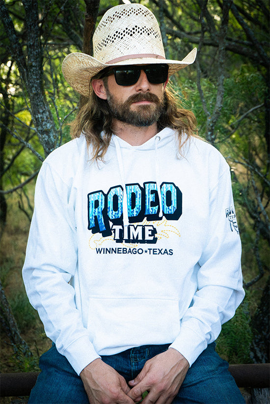 Dale Brisby wearing the Rodeo Time blue crush hoodie