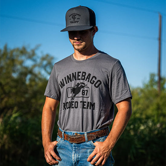 guy wearing a winnebago rodeo team tee