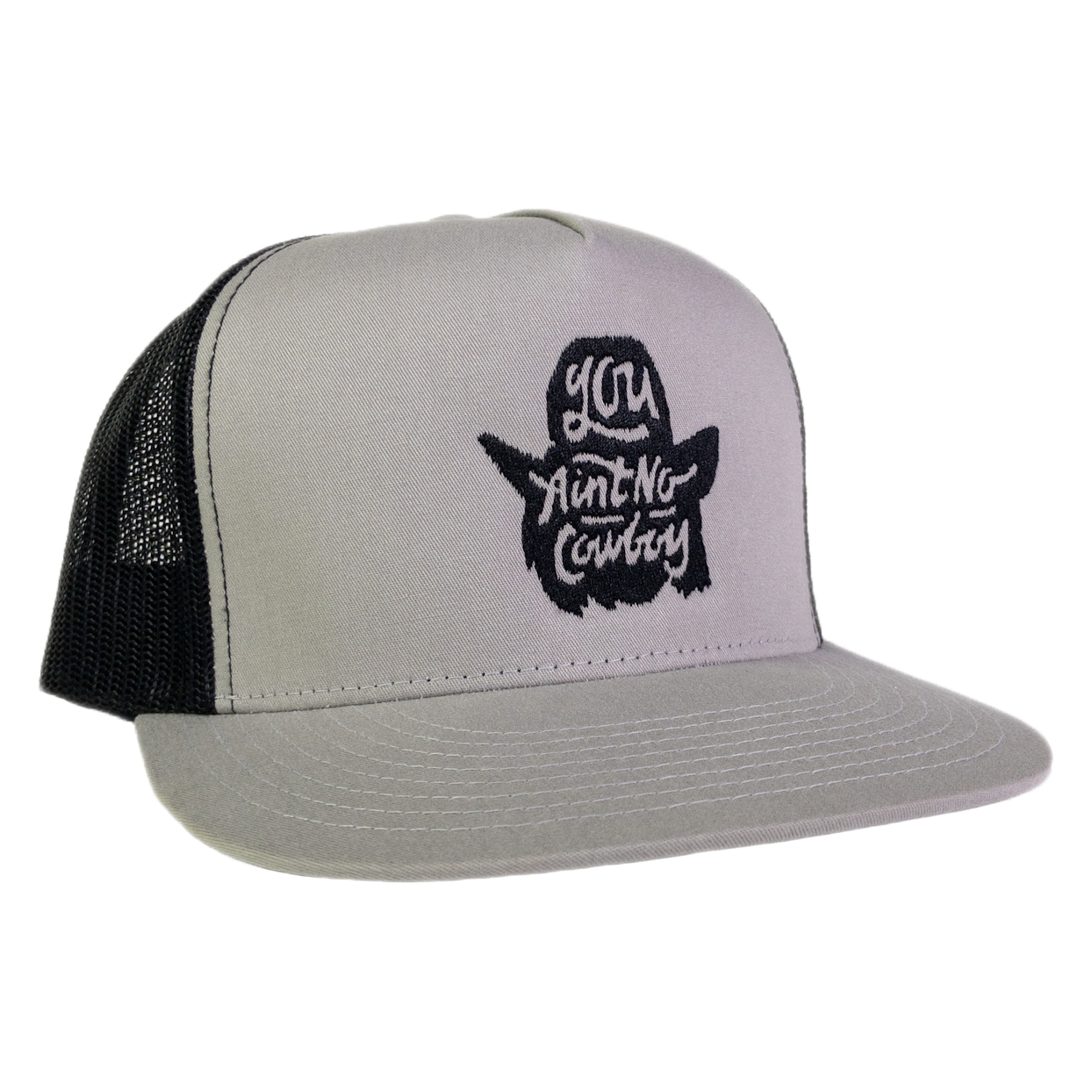 You Ain't No Cowboy Silhouette Silver and Black Mesh Flatbill